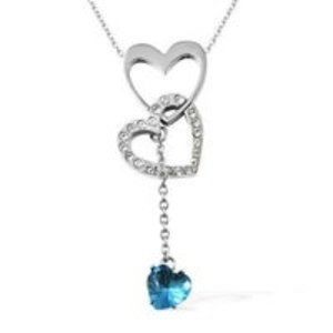 Blue Sapphire, White Austrian Crystal Triple Heart Dangler Necklace in Stainless